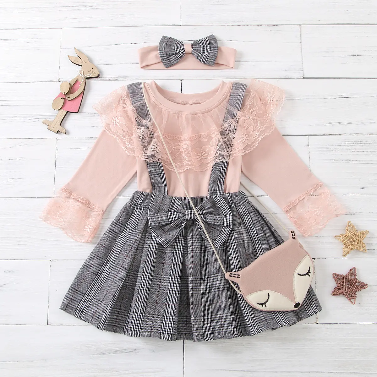 2023 New Spring Baby Children Girl 2 pezzi Set di vestiti Kid Girl Pink Lace Top Shirt + gonna a bretelle scozzese con completo di papillon