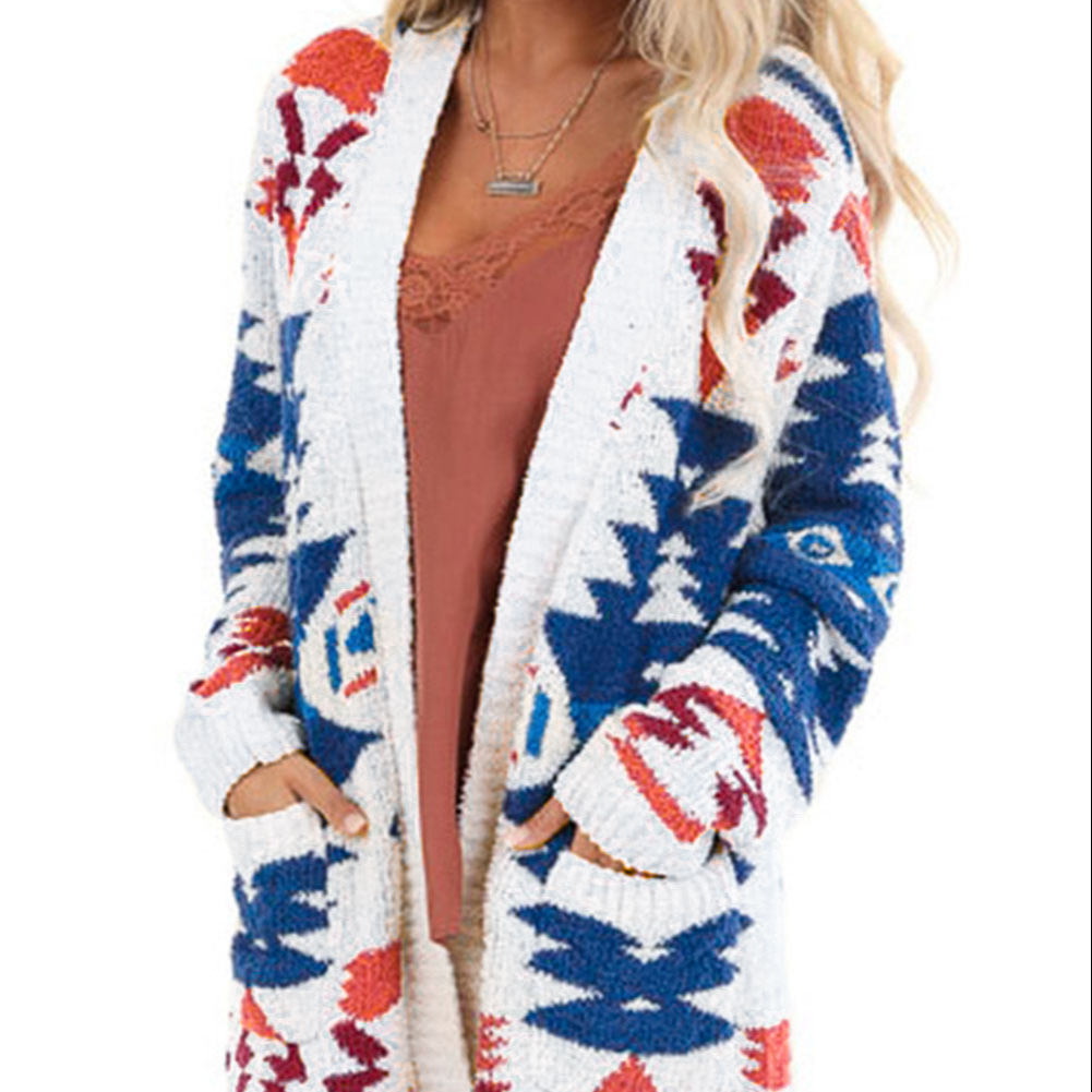 PRETTY STEPS 2021 PSCH807 Women Geometric Aztec Pattern Casual Loose Pocket Cardigan