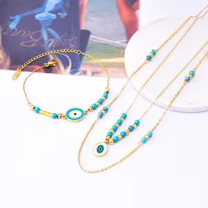 Double Layer Turquoise Beaded Evil Eyes Drop Pendant Necklace 316L Stainless Steel Oil Dripping Eyes Oval Chains Bracelet