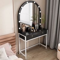 Table de Maquillage Moderne de Luxe en Métal Noir et Or avec Miroir LED Arqué et Hauteur Réglable pour Salon de Coiffure - Vente en Gros