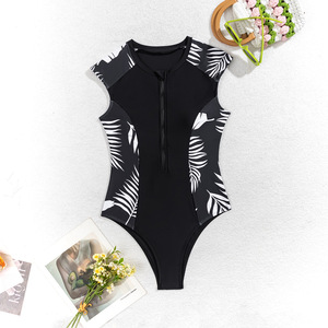 Maillot de bain une pièce imprimé patchwork pour femme avec fermeture éclair, effet amincissant et contrôle du ventre, tailles S-M-L-XL, en fibre de polyester - Product Image 1