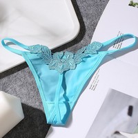 Tanga Sexy para Mujer, de Talle Bajo, con Encaje, Antibacteriana, Estilo de Tres Puntos, Bordada, de Poliéster, Terileno y Seda de Leche