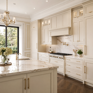 <span class=keywords><strong>Cucina</strong></span> Classica <span class=keywords><strong>Bianco</strong></span> Crema con Isola in Marmo, Mobili di Lusso Personalizzati con Ferramenta Dorata e Vetrina Espositiva - Product Image 2