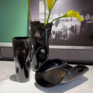 Home decor irregular art elegant color glass iridescent black vase 3 sizes designs supplier