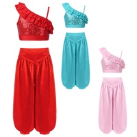 Costume de danse du ventre pour filles de 6 à 14 ans, ensemble de vêtements de danse à paillettes, débardeur court et pantalon harem à volants, vêtements d'entraînement pour débutants, performance sur scène