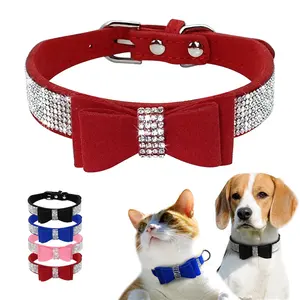 Wholesale Fashion Dog Accessories Comfortable Adjustable Dog Strap Leather Diamond Bow Tie Pet Neck Collar