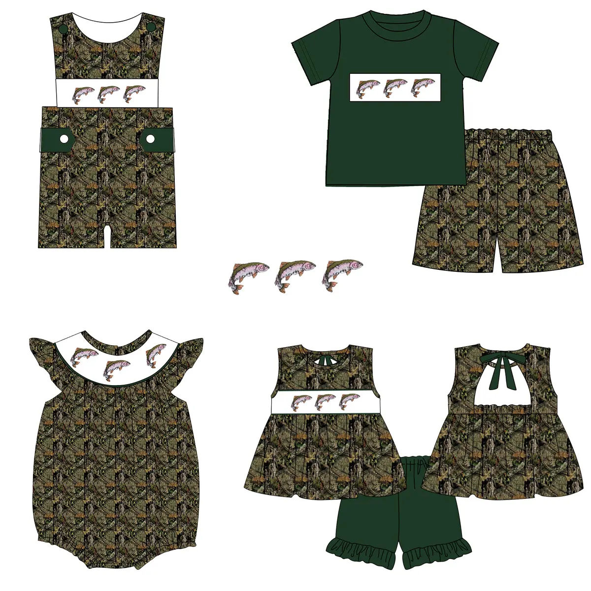 New design summer custom kids outfits boutique fish embroidery woven cotton cute printing shorts infant boy sets