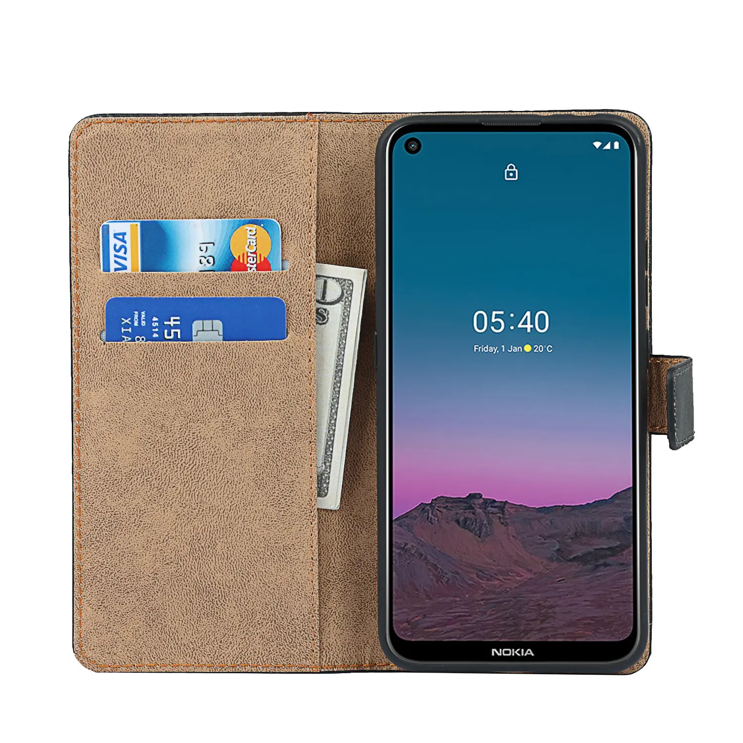 Genuine Leather Folio Wallet Case Flip Cover Case with Kickstand Magnetic Closure Card Slots Cash Compartment for Nokia 5.4