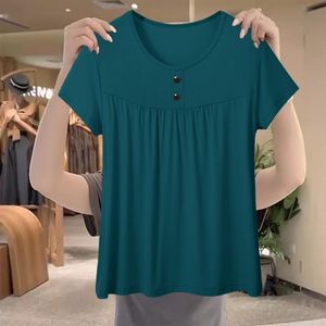 Plus Size Women's Loose Fit T-Shirt Maroon Short Sleeve Button Front Knitted Top Solid Color Summer Wear - Product Image 4