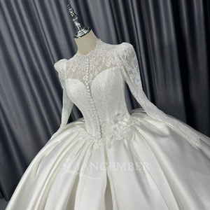 Lscm103 Elegant Satin Ball Gown <b>Wedding</b> Dress Lace Bodice Pearl Button Long Sleeve Puffy Shoulder Bridal Gown Jancember - Product Image 2