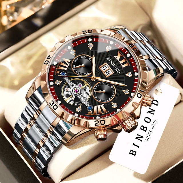 BINBOND Sense Automatic Hollow Mechanical Luxury Watch Men's Waterproof Stainless Steel Watch Watches-men-fashion