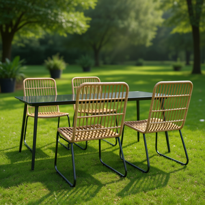 <b>Oak</b> And Black Poly Rattan Dining Set 4 Seater Powder Coated Steel <b>Frame</b> Garden Outdoor Furniture Contemporary Style - Product Image 2