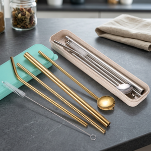 Reusable <b>Metal</b> Drinking <b>Straws</b> Set 5Pcs Minimalist Bar Accessories Gold Tone with Spoon and Cleaning Brush - Product Image 6