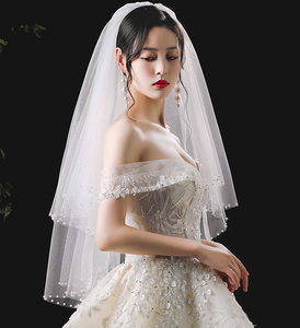 Feishiluo Deux Couches Visage <span class=keywords><strong>Voile</strong></span> Bling Glitter Tulle Voiles De Mariage Courts Bord Perle Blanc/Ivoire Voiles De <span class=keywords><strong>Mariée</strong></span> Avec Peigne - Product Image 2