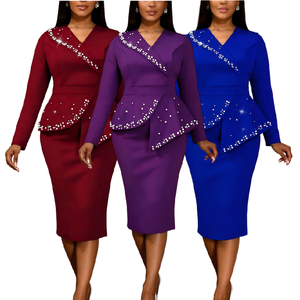 AM050765 Abito da Sera di Lusso Elegante <span class=keywords><strong>con</strong></span> Scollo a V, Vita Alta, Maniche Lunghe, <span class=keywords><strong>Volant</strong></span> e Perline di Strass, Vestito Formale da Cerimonia per Donne - Product Image 1