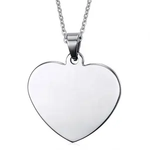 Classic style high polish free laser engrave blank type silver color cheap wholesale stainless steel heart shape necklace