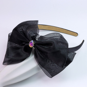 Bandeau élégant en organza avec nœud et <span class=keywords><strong>centre</strong></span> en cristal, bandeau léger en ruban transparent pour femmes et filles - Product Image 3