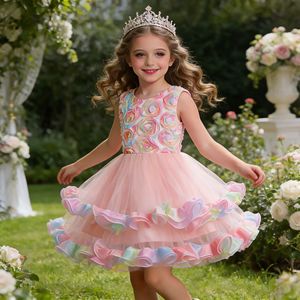 Robe de princesse pour enfants, col rond, jupe en tulle à fleurs 3D, rose, violet, bleu, robe de demoiselle d'honneur pour tout-petits et enfants - Product Image 1