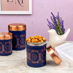 Boîte de conservation alimentaire en métal de style marocain, ronde avec couvercle, design cuivre bleu, 1-3L, boîte de rangement pour épices, garde au frais - Product Image 1