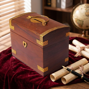 Caja de Madera Maciza Antigua CH con Detalles en Oro, Caja de Almacenamiento Rectangular Hecha a Mano para Decoración del Hogar y Exhibición en Mesa - Product Image 1