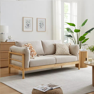 Canapé 3 places en bois massif style nordique minimaliste, rangée droite, tissu lavable, style bois naturel pour petit salon - Product Image 3