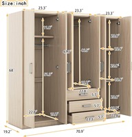 Armoire autoportante en bois à 6 portes avec étagères, tringle de suspension et 3 grands tiroirs, MOQ 100