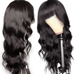 Perruque en cheveux humains noirs avec frange sans colle, prête à porter, ondulée, densité 180 %, fabriquée à la machine pour femmes, couleurs plus foncées uniquement - Product Image 1