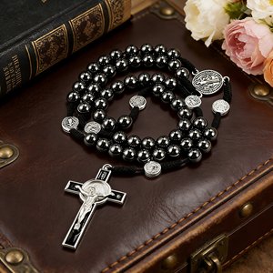 Collier chapelet personnalisé en perles d'hématite noire avec cordon, croix plaquée argent antique, bijoux religieux catholiques <span class=keywords><strong>de</strong></span> <span class=keywords><strong>prière</strong></span> - Product Image 6