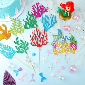 33 Pcs Mermaid Cake Topper 3D Mermaid Seaweed Palm Leaves Bubble Starfish Shell Mermaid Tail Cupcake