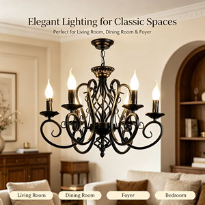 Lustre suspendu vintage en <span class=keywords><strong>fer</strong></span> <span class=keywords><strong>forgé</strong></span> fluorescent à 6 lumières en métal <span class=keywords><strong>noir</strong></span> pour salon, salle à manger, décoration intérieure - Product Image 1