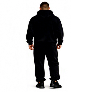 Survêtement à capuche en molleton de coton noir pour homme, fermeture éclair intégrale, avec poches latérales, tenue décontractée d'hiver, coupe oversize, couleur unie - Product Image 2