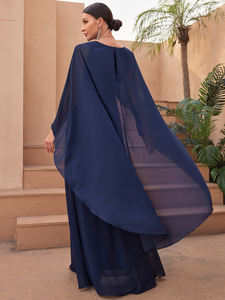 Gaun malam Formal kerah V mewah bermanik, lengan jubah panjang bordir dan gaun malam Formal biru dengan ekor gaun untuk pesta dan pesta - Product Image 3