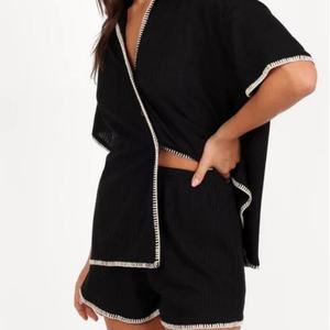 Ensemble de pyjama deux pièces tricoté pour femme, col en V, manches courtes, style décontracté, couleur unie, nouvelle collection été, vente chaude - Product Image 2