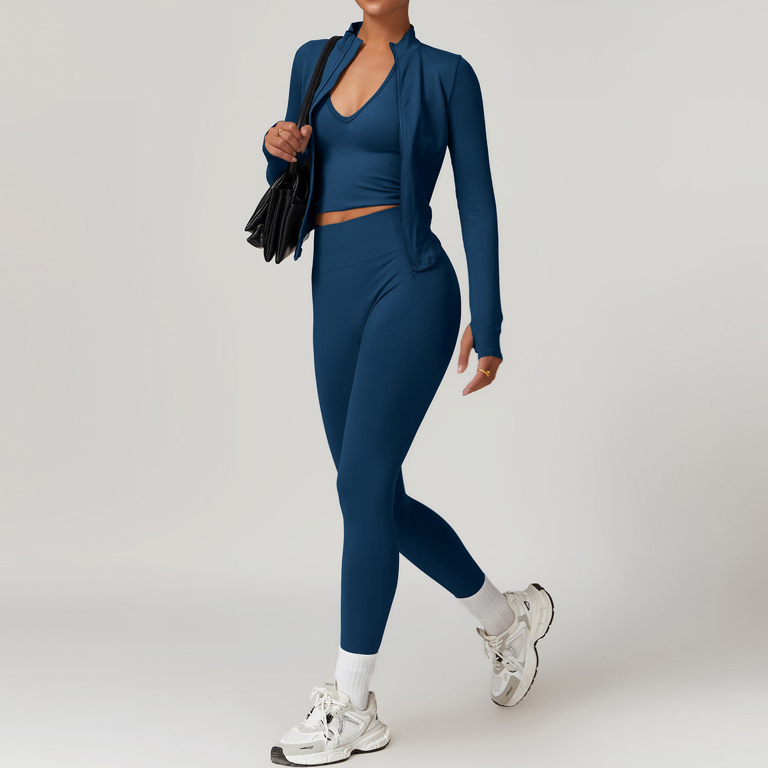 Custom logo Women's 3-Piece Yoga Set Spandex/Nylon Quick Dry Lightweight Elastic Waist Stand Neckline Solid Outdoor Fitness Set