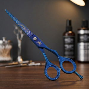 Ciseaux de coiffure professionnels en acier inoxydable à pointe affûtée pour droitiers, manche moyen, design décoratif bleu - Product Image 2