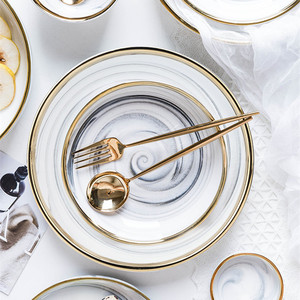 Hot Sale Nordic Color Glaze Marble Gold Rim Dinner Plate <b>Set</b> Sustainable Porcelain Ceramic Crockery Tableware Eco-Friendly - Product Image 2