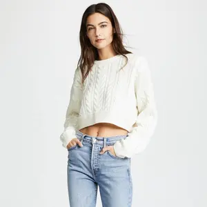 Plus Size Vrouwen Truien Wit Chunky Crop Top Crew Neck Trui Aantrekken Trendy Plain Knit Lange Vleermuis Mouw Losse knitwear