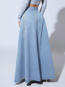<span class=keywords><strong>Jupe</strong></span> <span class=keywords><strong>Longue</strong></span> Classique en Jean Bleu Coupe Évasée avec Grand Ourlet - Product Image 3