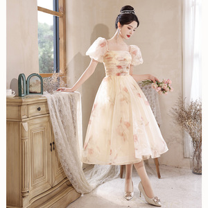 Square Neck Floral Print Evening Dress A-Line Empire Waist 3D Patterns Princess Tutu Skirt For Birthday Arts Exam Graduation - Product Image 1