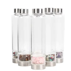 Natural Crystal Infused Glass Water Bottle Bamboo Lid Gemstone Water Bottle with crystal inside