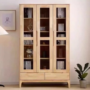 Shulin <b>Solid</b> <b>Wood</b> Floor Standing Bookshelf With Glass Doors 18mm Partition Storage Cabinet For Living Room Bedroom Display - Product Image 3