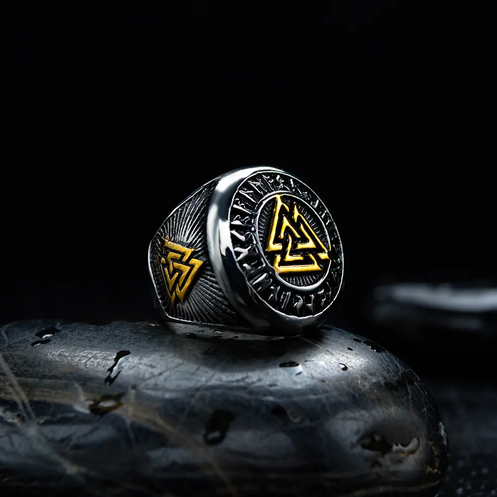 Anel de dedo de aço inoxidável, joias da moda, aço inoxidável, preto, dourado, celtico, anel de viking, triângulo masculino