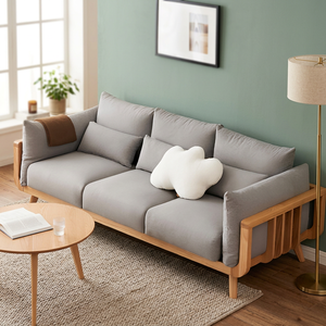Modern Minimalist Three-Seater Sofa Set with Elegant Teak Wood Frame Hand Woven Rattan Cane Side Panel Detailing for Living Room - Product Image 3