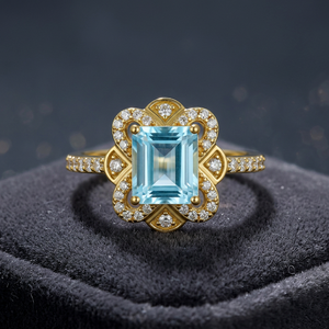 Anillo Gourik Vintage con Topacio Azul Cielo Corte Esmeralda, Chapado en Oro, Plata 925, Halo de Circonitas, Anillo de Compromiso - Product Image 2