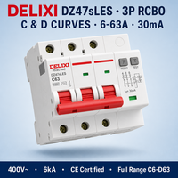 DELIXI 63A RCBO Tiga Kutub 3P Pemutus Sirkuit Arus Sisa Kurva C 400V 6kA Perlindungan Beban Berlebih Bersertifikasi CE PA66 Tembaga