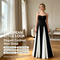 Robe longue maxi pour femme à bretelles spaghetti, color block, col bateau, avec empiècements, coupe évasée, en maille, pour soirée, banquet et événements.