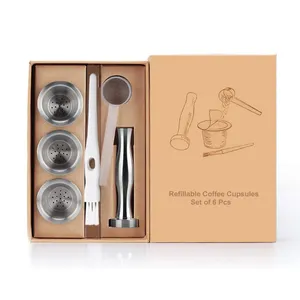 E-PIN Metal 6 Pcs Reusable Coffee Capsule Set Refillable Coffee Capsule Metal Coffee capsule With Box Brush Spoon