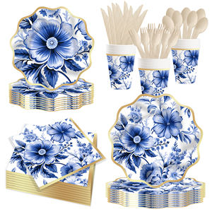 DAMAI Blue Flower <b>Disposable</b> <b>Tableware</b> 10Inch 8Inch Elegant Floral Gold Paper Plates Blue Floral Cups for Birthday Wedding - Product Image 1