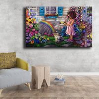 Ever Moment Diamond Painting Meisje dat water speelt Regenboogbloemdecoratie voor thuis S2F2129