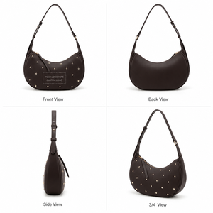 Brown Fashion Studded Single Strap Hobo Shoulder <b>Bag</b> Half Moon Satchel PU Zipper <b>Underarm</b> for Daily Travel Shopping - Product Image 3